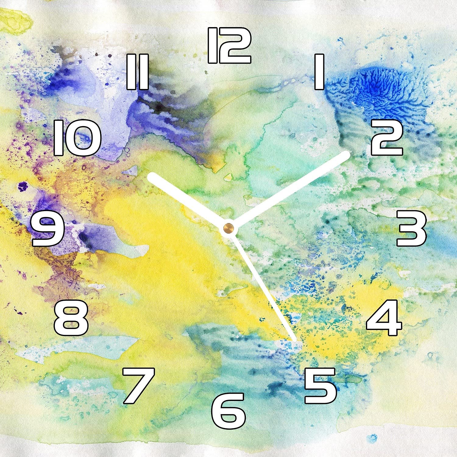 Horloge en verre abstrait pastel moderne de 30x30 cm avec aiguilles noires contrastées