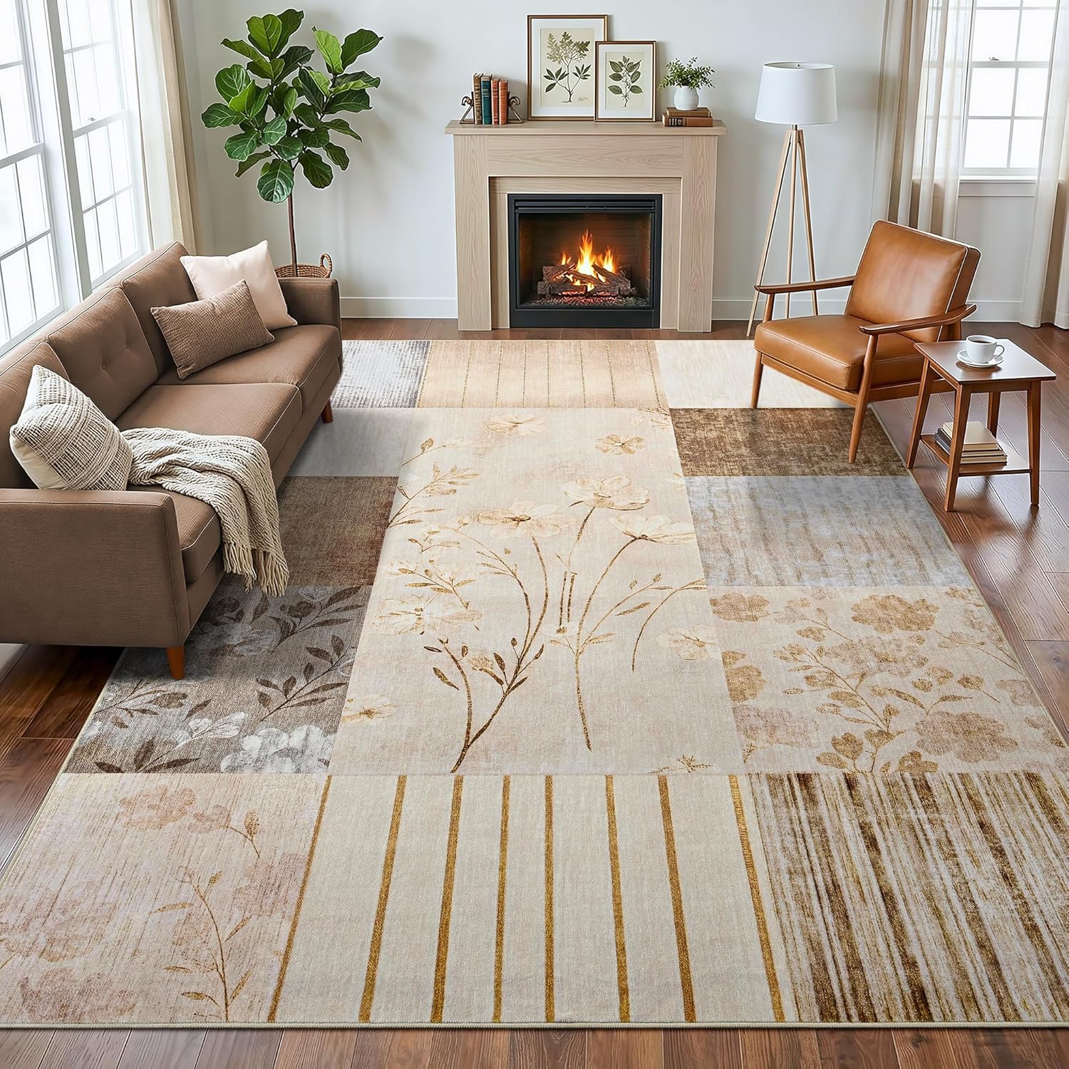 Modern Area Rugs for Living Room, 4x6 Feet Geometric Patchwork Rug, Washable Non-Slip Indoor Low Pile Carpets for Bedroom Dining Room Office Playroom Home Dorm Decor, Beige