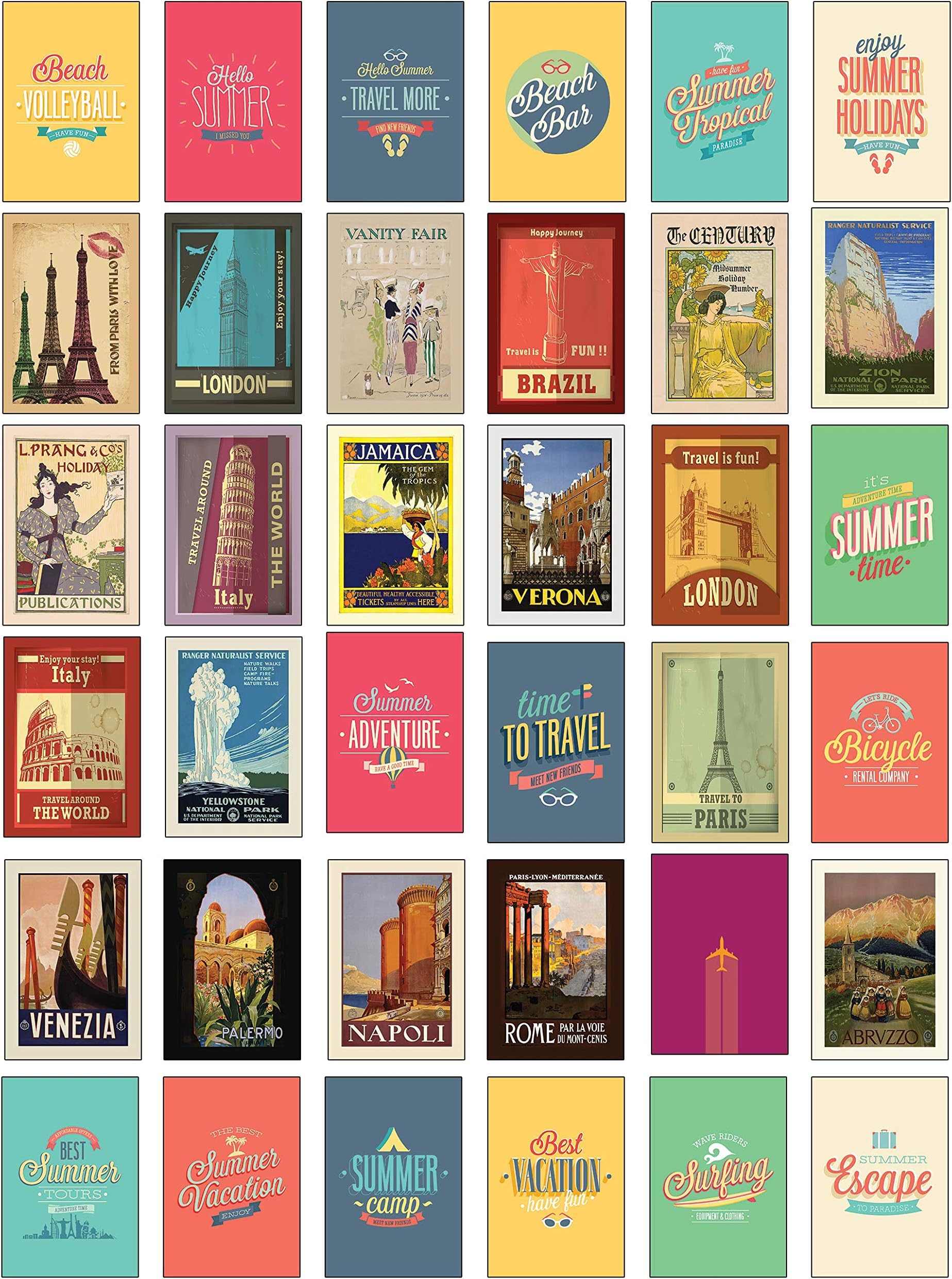Retro/Vintage Travel Postcards - Set of 36 different designs Rome, Italy, France Paris Etc