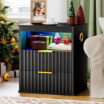 Lvifur Fluted Night Stand - with Bluetooth Speaker,Smart Bedside Table with Charging Station,LED End Tabe with Human Sensor Lights,RGB Nightstand w/ 2 Drawer,Bedroom,Black