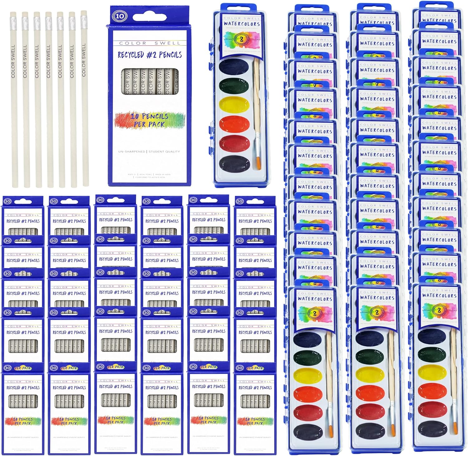 Color Swell Big Art and School Writing Kit - 36 Watercolor Paint Sets with Wood Brushes and 300 Eco Recycled Graphite Pencils - Kids Art Supplies & Classroom Bundle