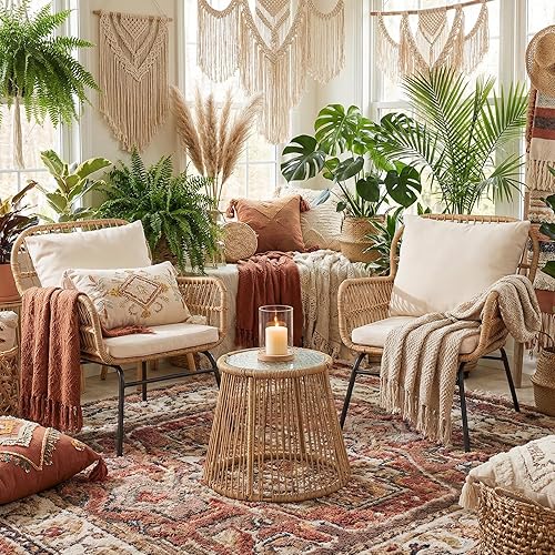 Miniatura 3 de NICESOUL Juego de 3 Piezas de Sillas Pequeñas Boho para Patio Exterior con Cojín Grueso y Mesa Redonda de Vidrio, Silla de Ratán de Mimbre