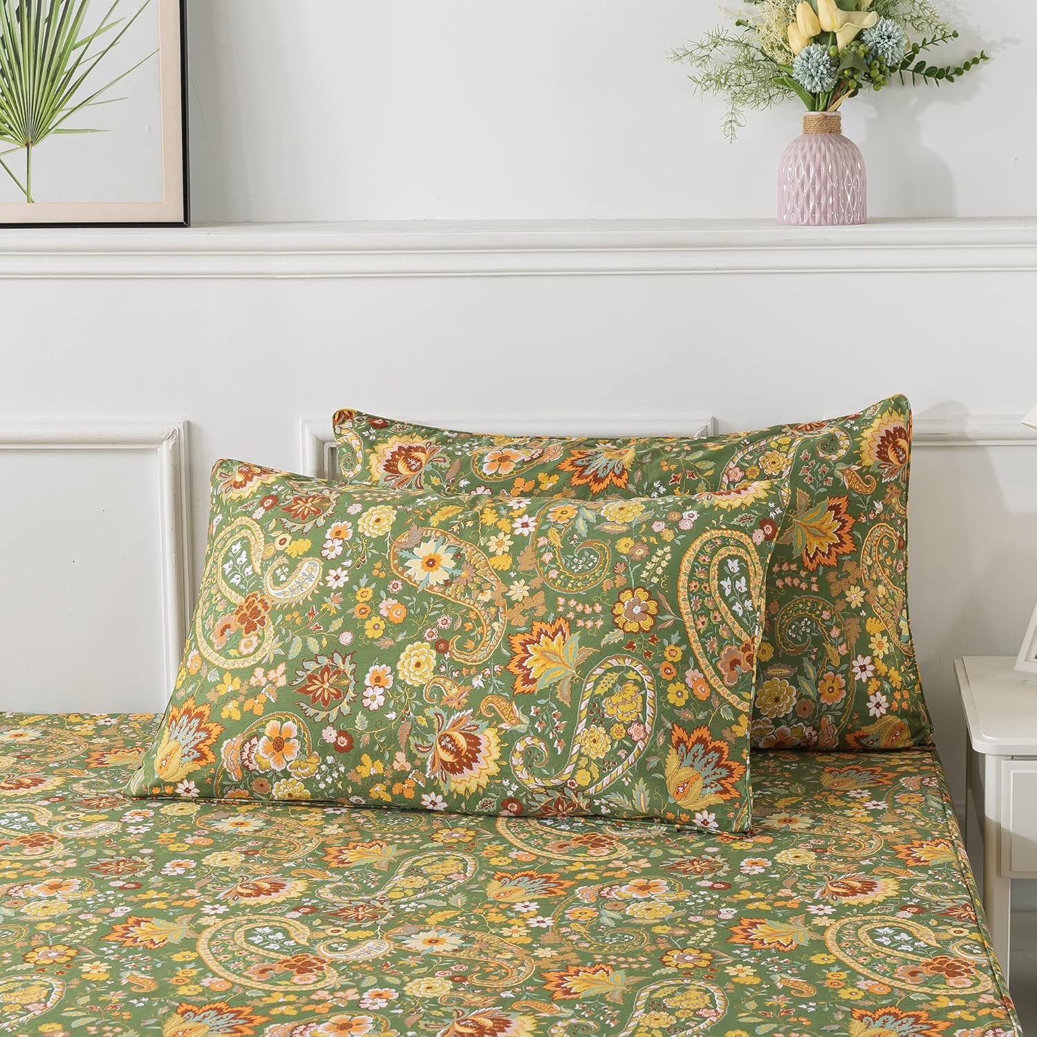 FADFAY Paisley Sheets Set King Bohemian Damask Paisley Bedding Luxurious Green Boho Paisley Bed Sheet Set Breathable Cotton Ultra Soft 17.5'' Deep Pocket Fitted Sheet 4Pcs, King Size - Image 7