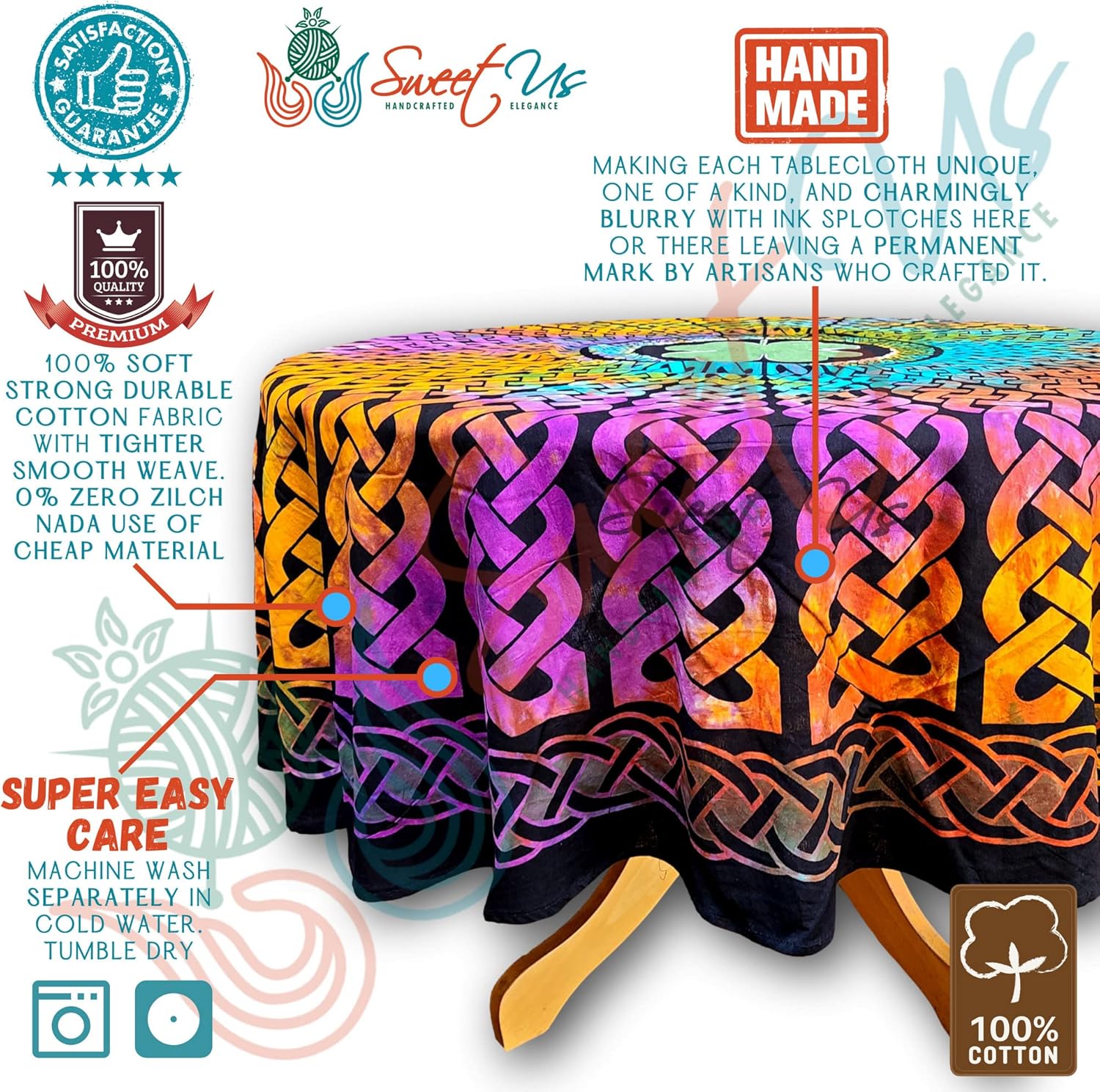 Sweet Us Cotton Celtic Clover Tie-Dye Tablecloth for Round Tables Black Blue Green Purple Orange Yellow Floral Table Cloth Table Cover for Indoor and Outdoors