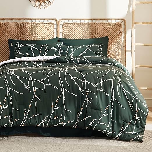 Bedsure Queen Comforter Sets - 7 Pieces Floral Dark Green Bed Set, Tree Branch Pattern Printed Bed in a Bag Queen with Comforter, Sheets, Pillowcases & Shams
