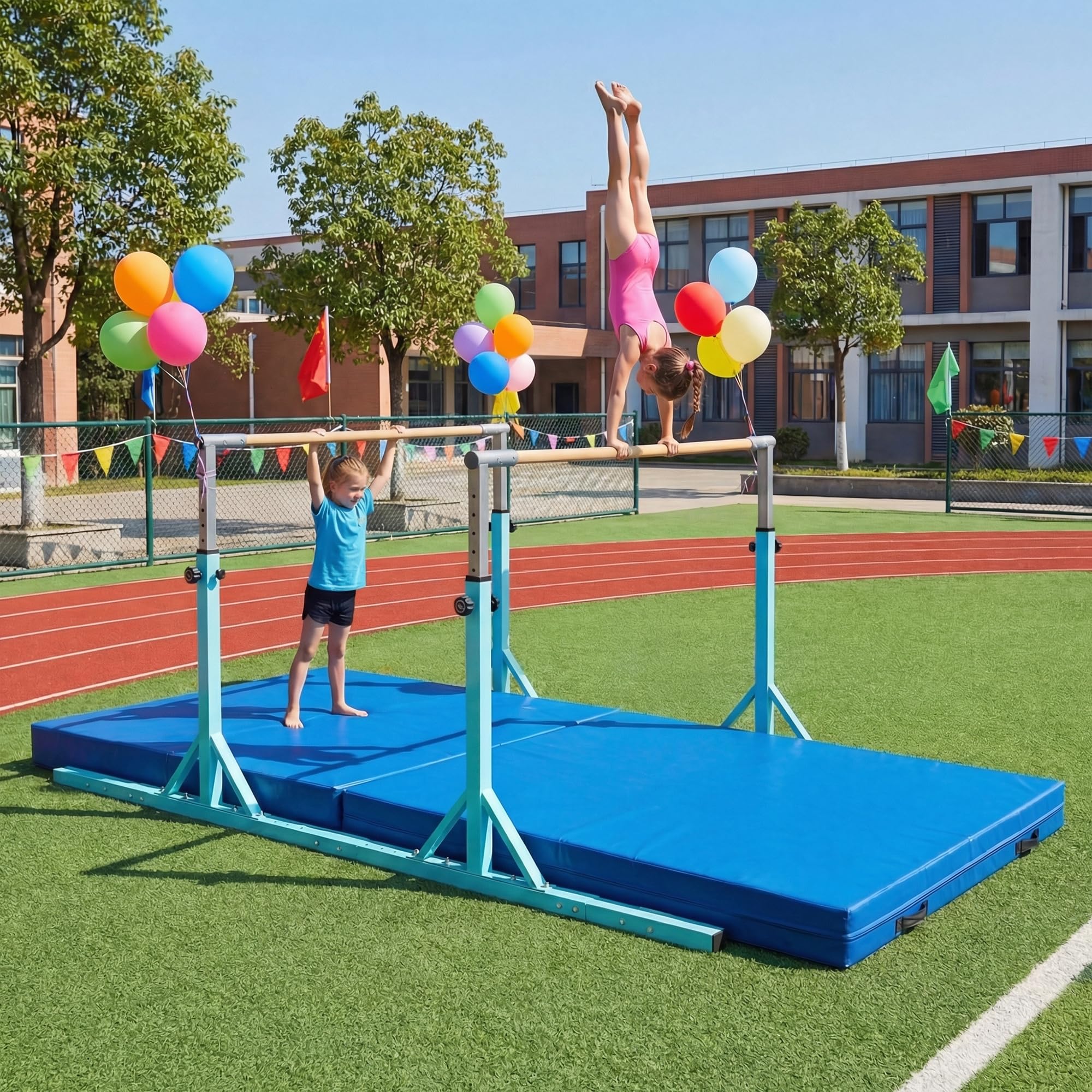 GYMAX Barres Parallèles de Gymnastique pour Enfants, Double Barre Réglable en Hauteur 85-145 cm sur 13 Niveaux, Équipement d'Entraînement à Domicile avec Support Métallique Triangulaire