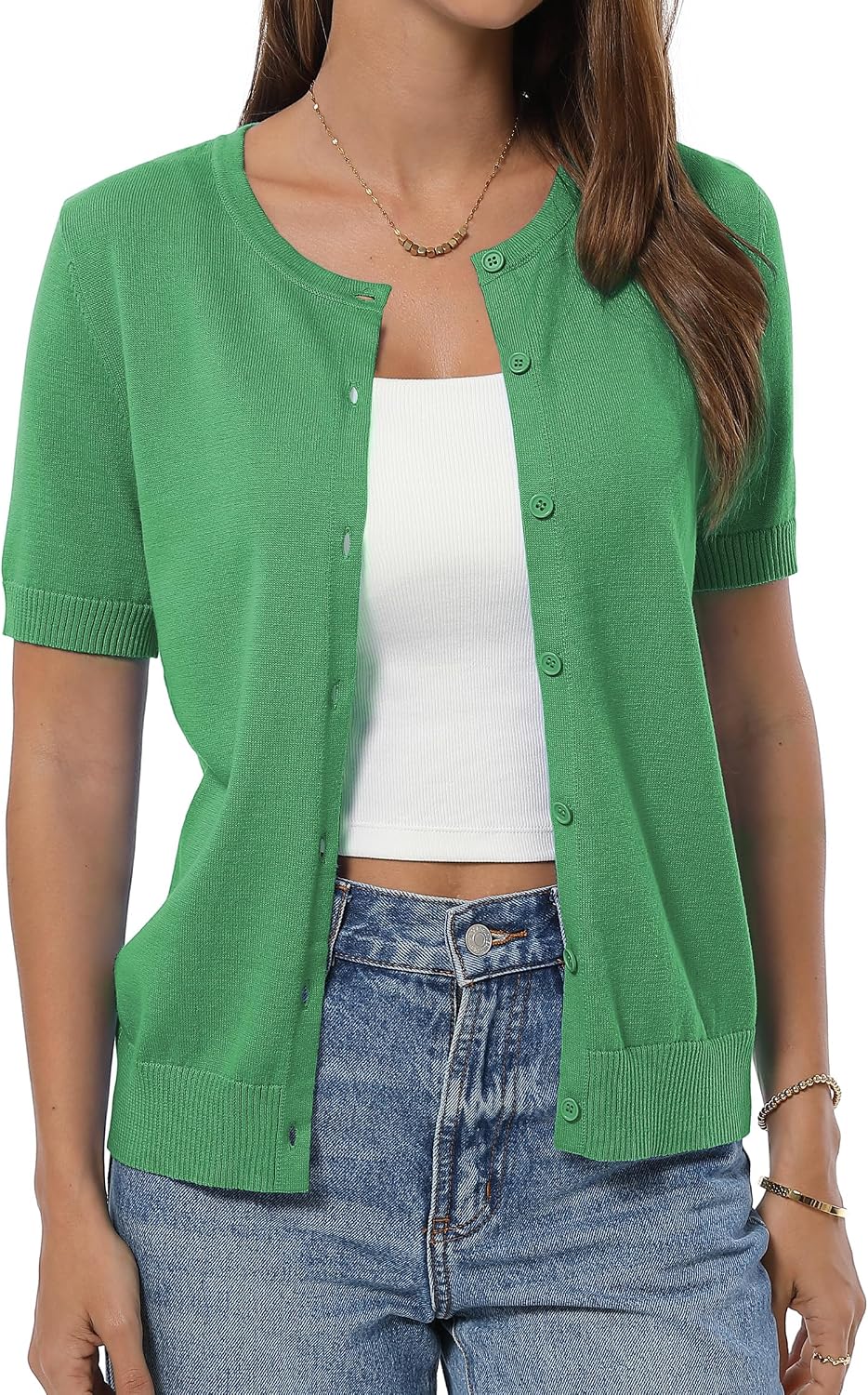 QUALFORT Womens Short Sleeve Cotton Cardigan Summer Knitted 2026 | Soft Lightweight Button Down Sweater, Crew Neck Open Front Top, Casual Office Dressy Outfit, Breathable Layering Top