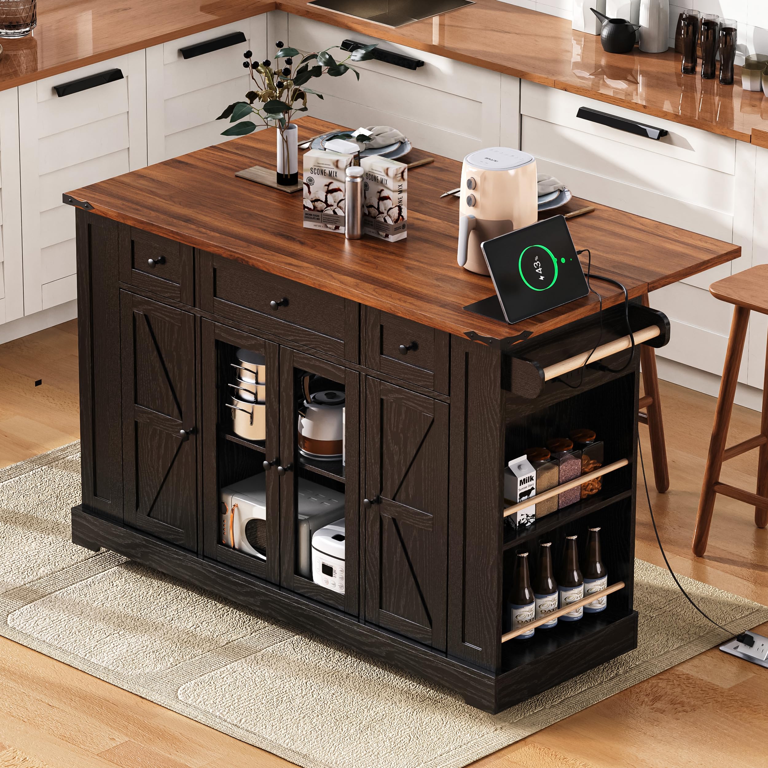 E-SHANMOHY Farmhouse Kitchen Island Cart with Drop Leaf & Charging Station,53" Rolling Island Cart on Wheels with Tempered Glass Doors Storage,Side