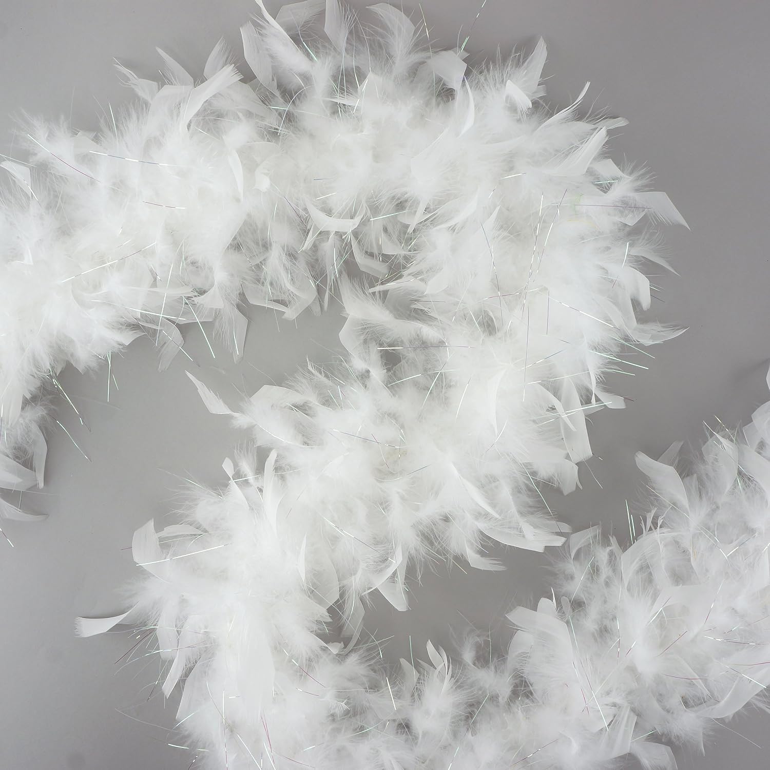 ZUCKER Chandelle Feather Boa - Turkey Feathers with Tinsel 6 Ft - Christmas Decorations - Vibrant Holiday Home Decor - Costume Cosplay Accessory - White/Opal Lurex