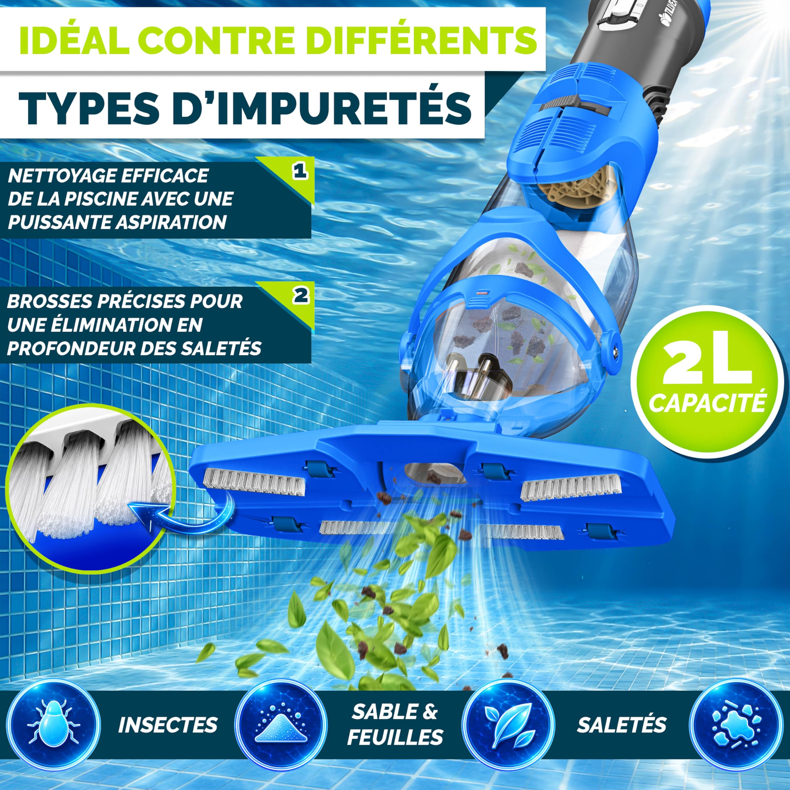 tillvex Aspirateur de Piscine avec Batterie & Manche télescopique + Filtre | Aspirateur de Piscine électrique | Nettoyeur de Piscine avec Filtre & autonomie de 60 Min (Bleu/Gris)