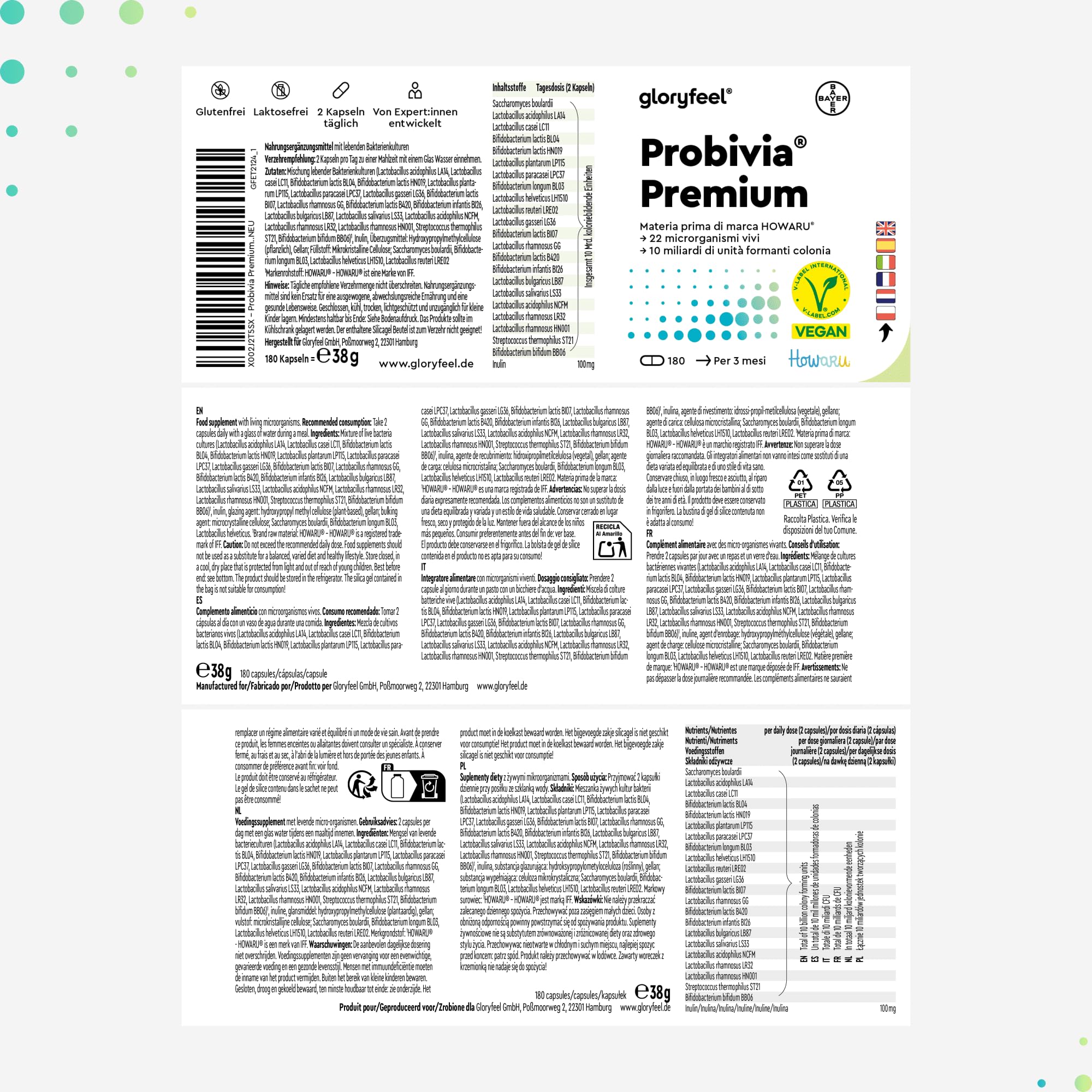 Fermenti Lattici Probiotici Premium HOWARU®, per Intestino, 180 Capsule, 22 Ceppi Batterici, con Inulina, 10 miliardi di CFU Lactobacillus e Bifidobacterium per la Flora Intestinale