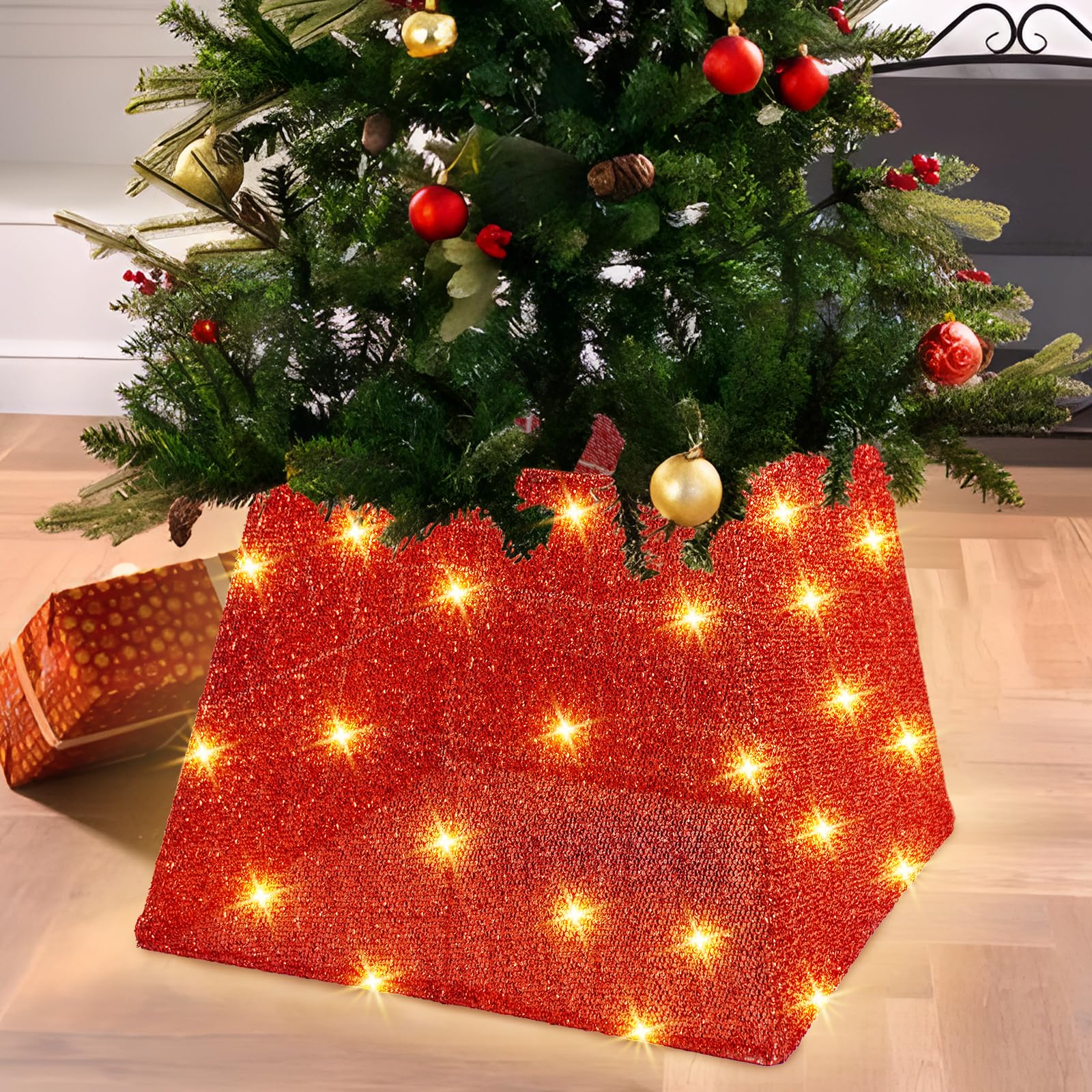 Uieke Christmas Tree Collar with 74 LED Lights, Battery Powered Christmas Tree Ring with 8 Modes & Timer for Xmas Party Holiday Home Decoration