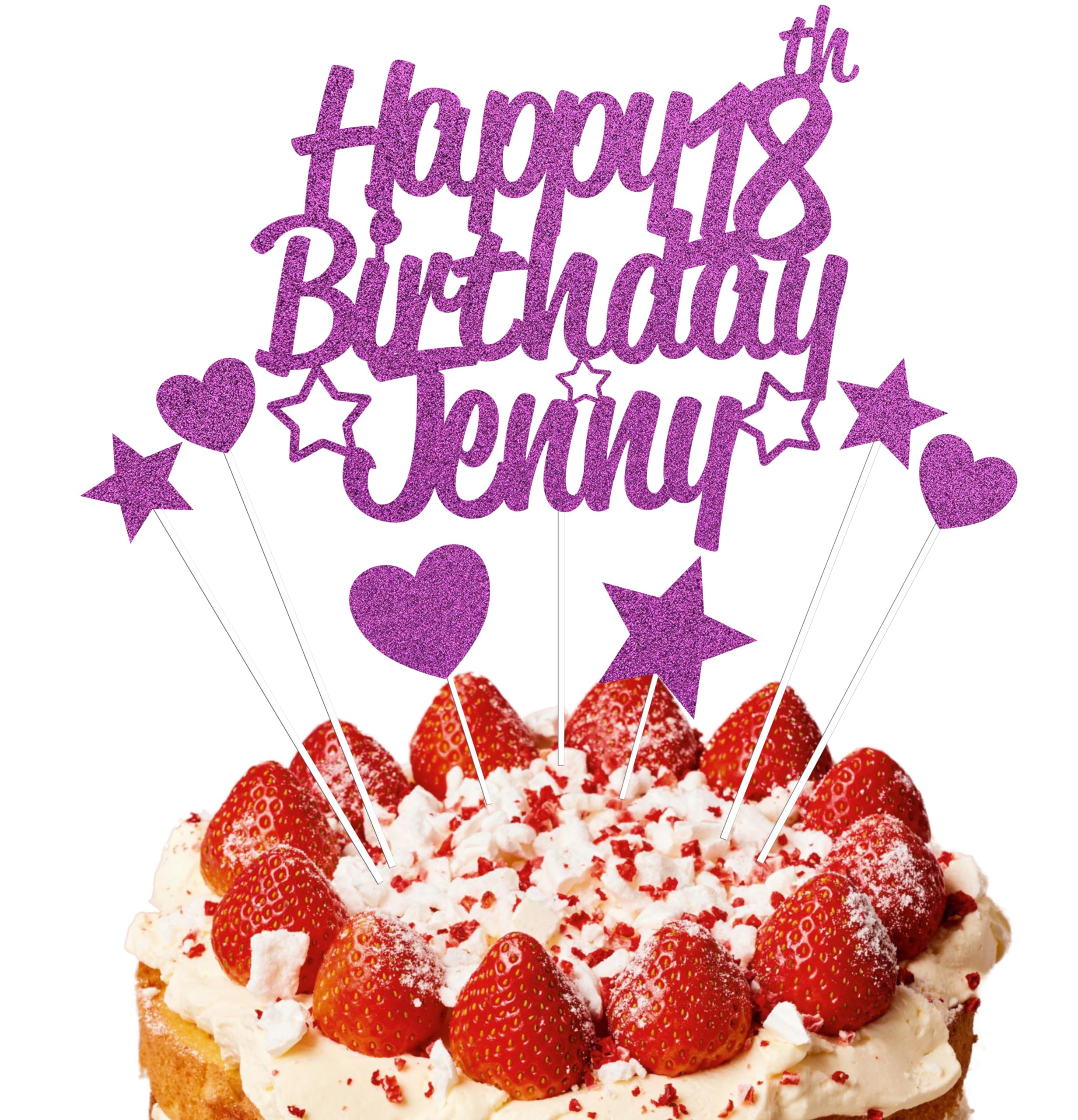 EKAM Personalised Happy Birthday Cake Topper, Customised with Any Age Name Party Cake Decoration, Glitter Card Cake Topper With Heart Star Cup Cake Toppers - 9Pcs (Prime, Hot Pink)