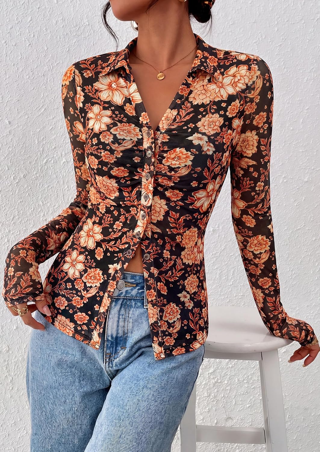 PRETTYGARDEN Women's Button Down Shirts Boho Mesh Floral Going Out Tops