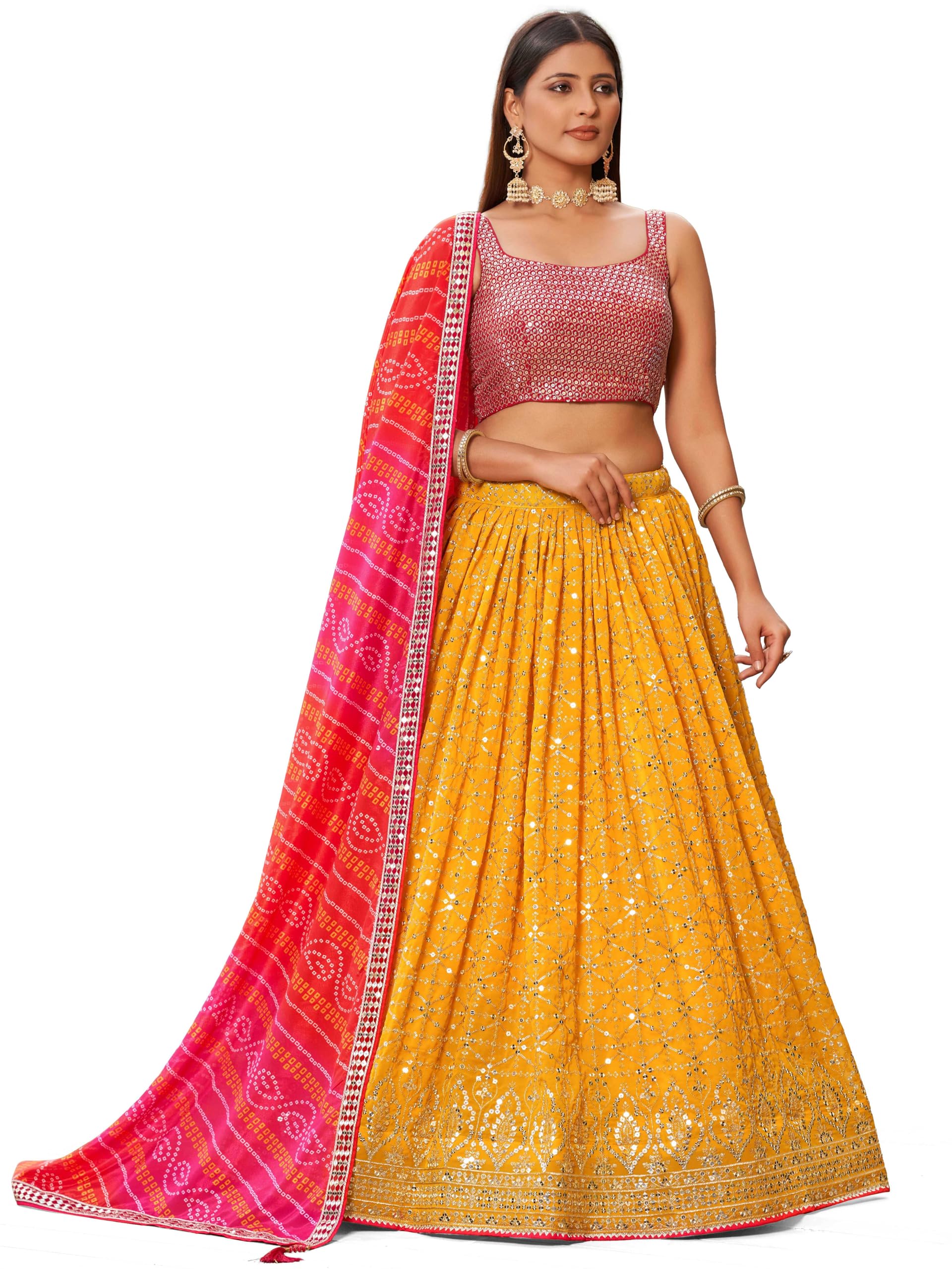 zeel clothing Womens Georgette Lehenga Choli Semi-Stitched Yellow Wedding Bridal Free Size-picture-53
