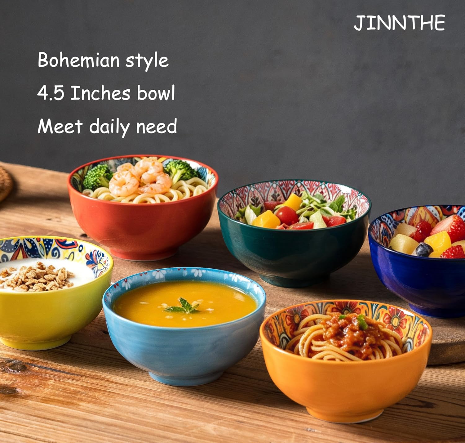 Bohemian Bliss 4.5-Inch Ceramic Bowls, Set of 4 - Colorful Dip Bowls, Salad Bowls, Snack Rice Bowls with Handcrafted Artisan Prints, Dishwasher & Oven Safe