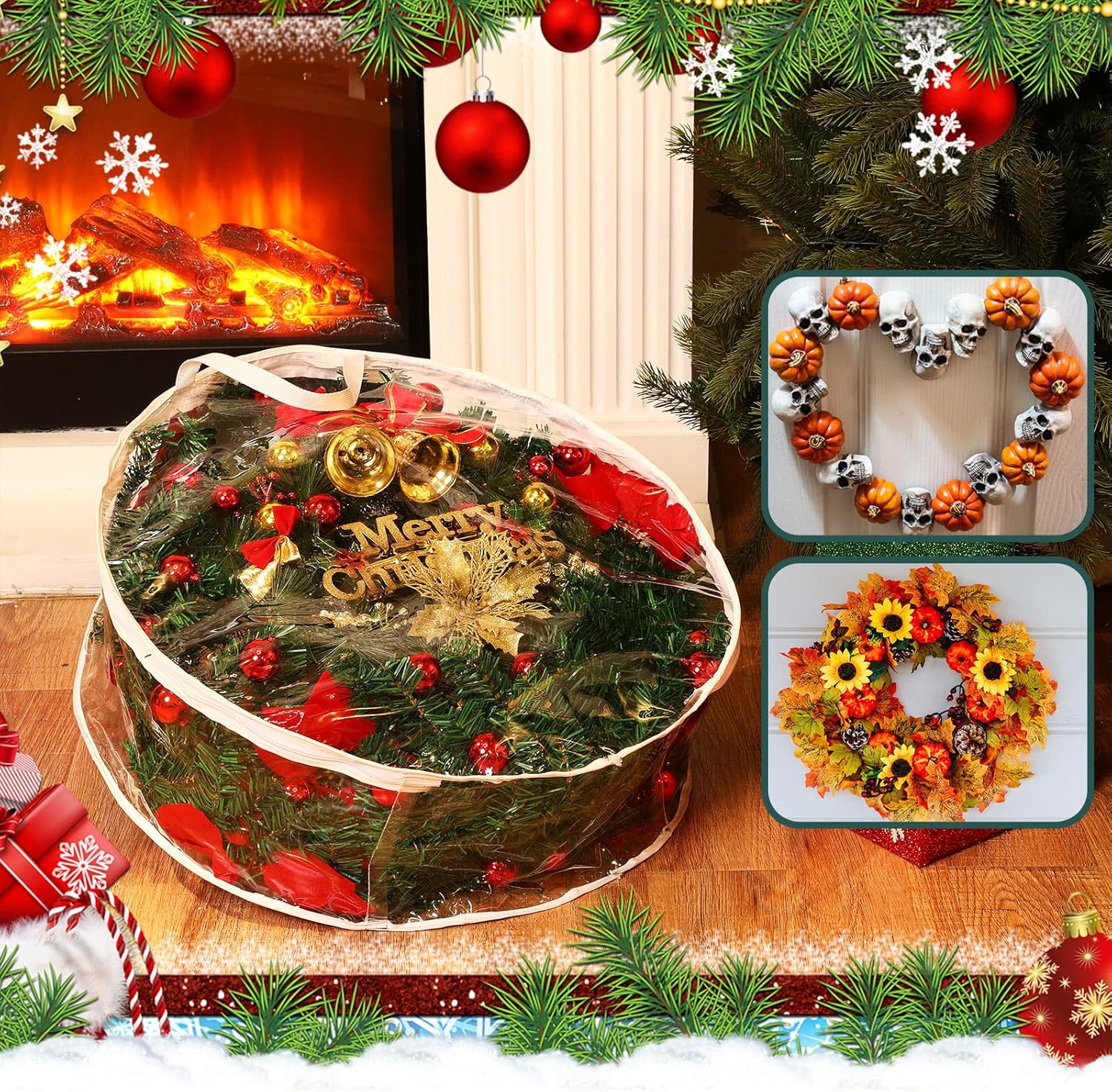 Zhengmy 5 Pcs 30 Inch Christmas Wreath Storage Bags Transparent Wreath Storage Container Bulk Wreaths Box with Dual Zippers and Handles for Xmas Holiday Wreaths Garland