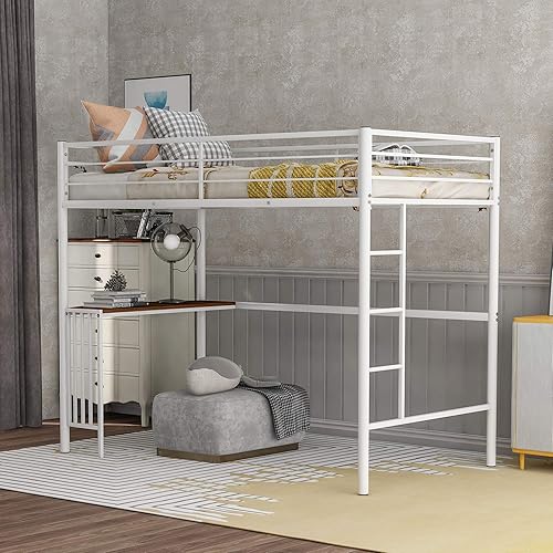 Harper & Bright Designs Cama tipo loft de metal de tamaño individual con escritorio, escalera y barandillas, para niños, adolescentes y adultos,