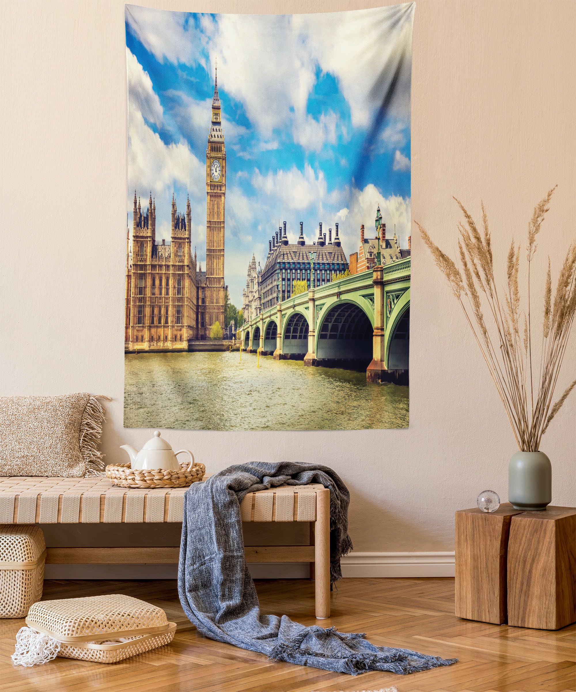 ambesonneLondon Tapestry, Big Ben Clock Tower and Westminster Bridge Cloudy Day in Spring, Wall Hanging for Bedroom Living Room Dorm Decor, 40" X 60", Mint Beige