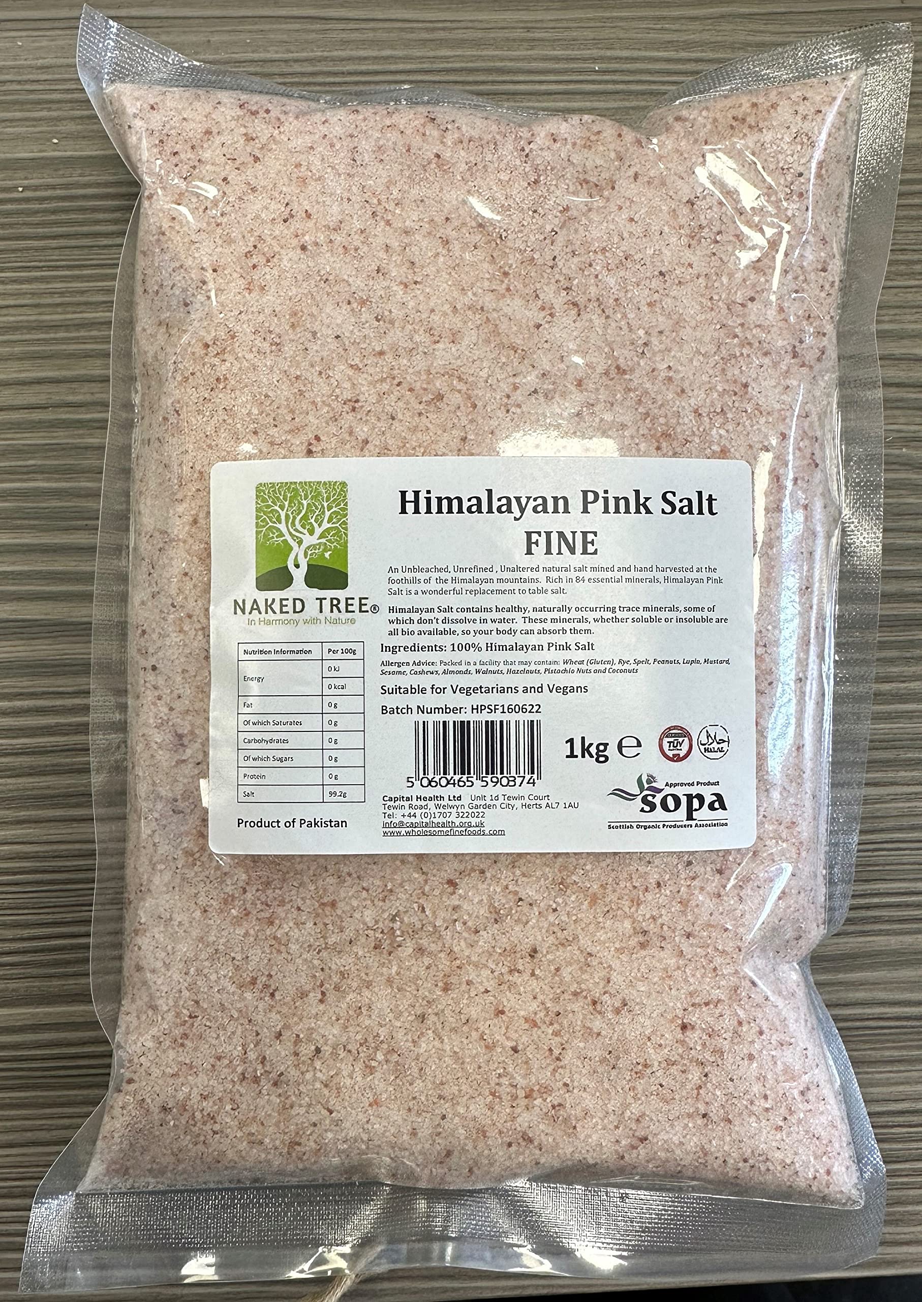 Approved for Use in Organic Systems Naked Tree Rose Pink Himalayan Fine Salt 1kg - Nature & Unrefined Pink Salt from The Himalayas.