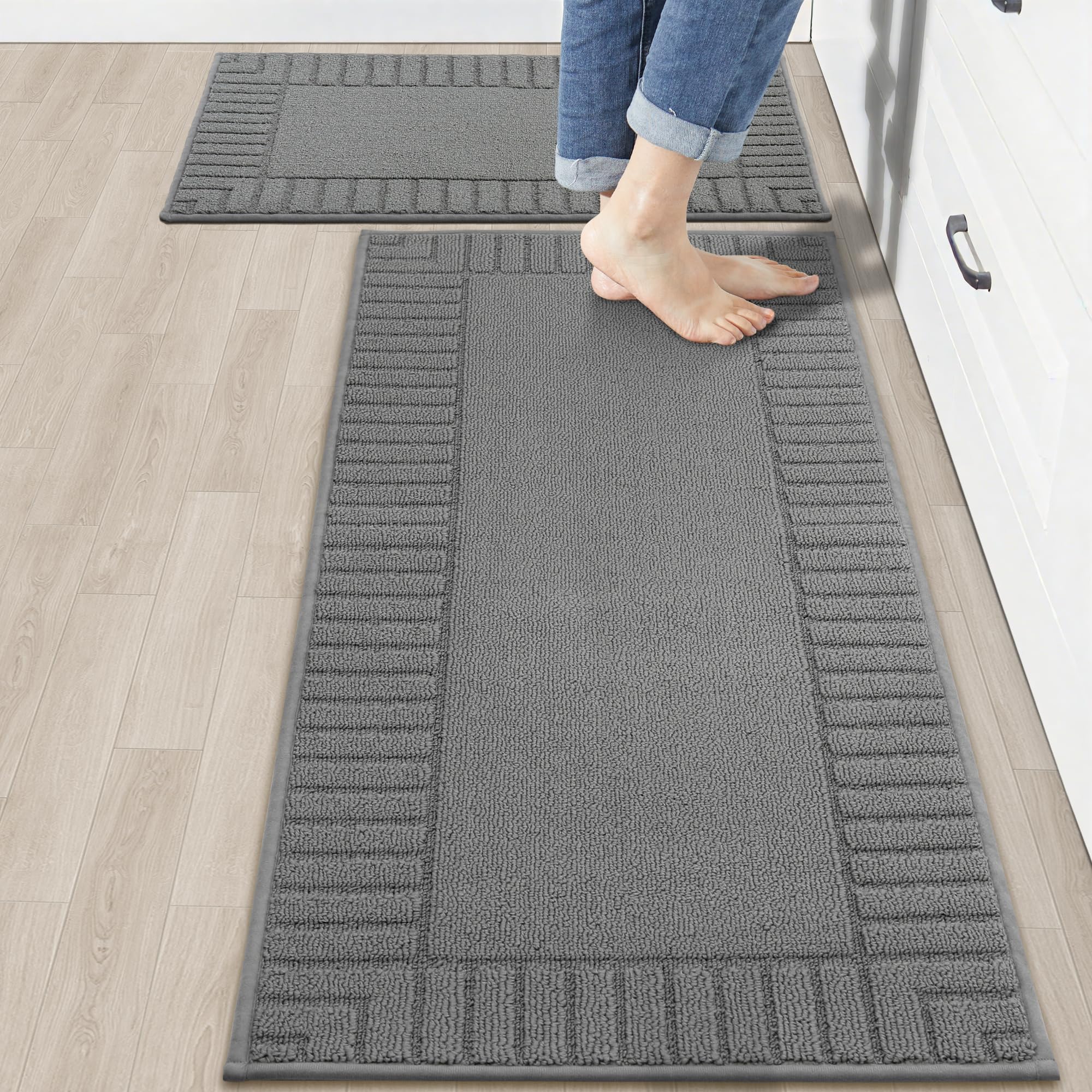 BEQHAUSE-Kitchen-Rugs-Washable-Kitchen-Mats-for- Floor Non-Slip Kitchen Mat Set of 2 Absorbent Kitchen Runner with TPR Non Skid Backing,Grey,20x30inch