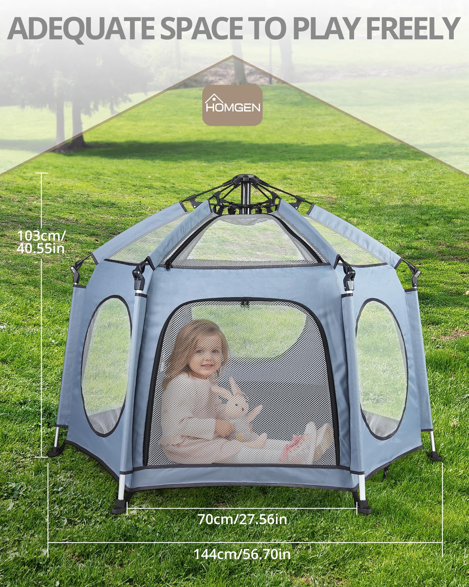 HOMGEN Parc de jeu pliable 144 x 103 cm avec 3 housses UV amovibles en tissu Oxford 450D pour bébé - Portable 2 en 1 - Pop Up - Robuste - En maille - Pour plage, parc, maison