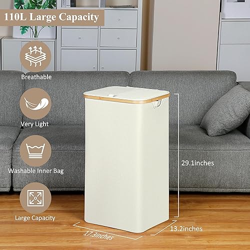 Miniatura 3 de iEGrow Cesta de lavandería con tapa, cesta grande de lavandería de 110 litros con asa y tapa, organizador de ropa plegable con bolsa interior
