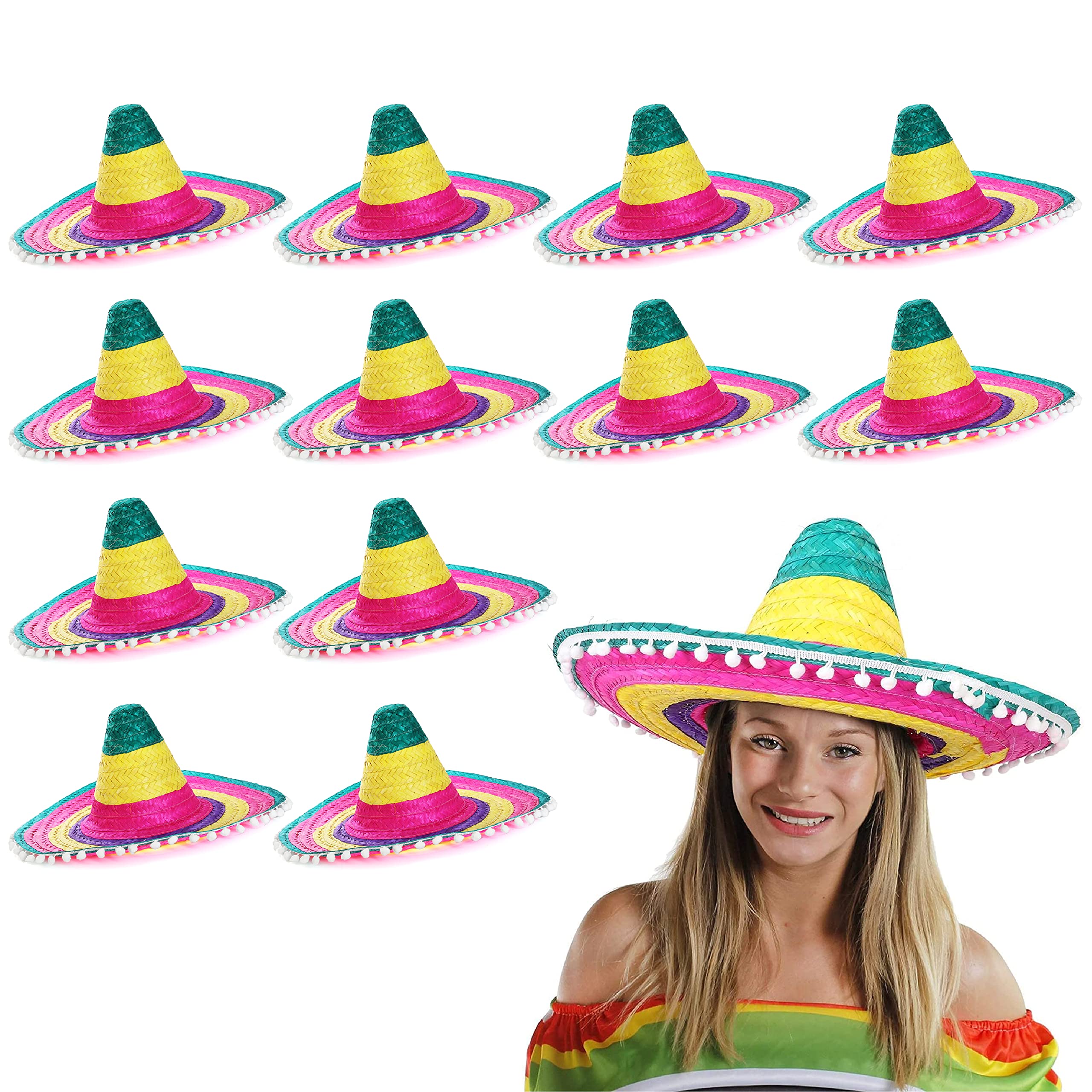Adults Sombrero Hats - Pack of 12 - Multicoloured Mexican Sombreros with White Pompom Details - Mens Ladies Mexican Cinco De Mayo Fiesta Fancy Dress Costume Accessory
