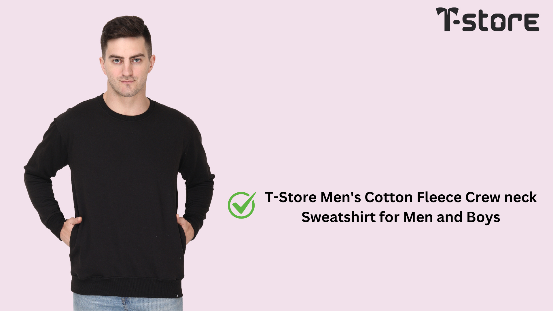 Buy T-Store Men's Cotton Fleece Crew Neck Sweatshirt | Black | M