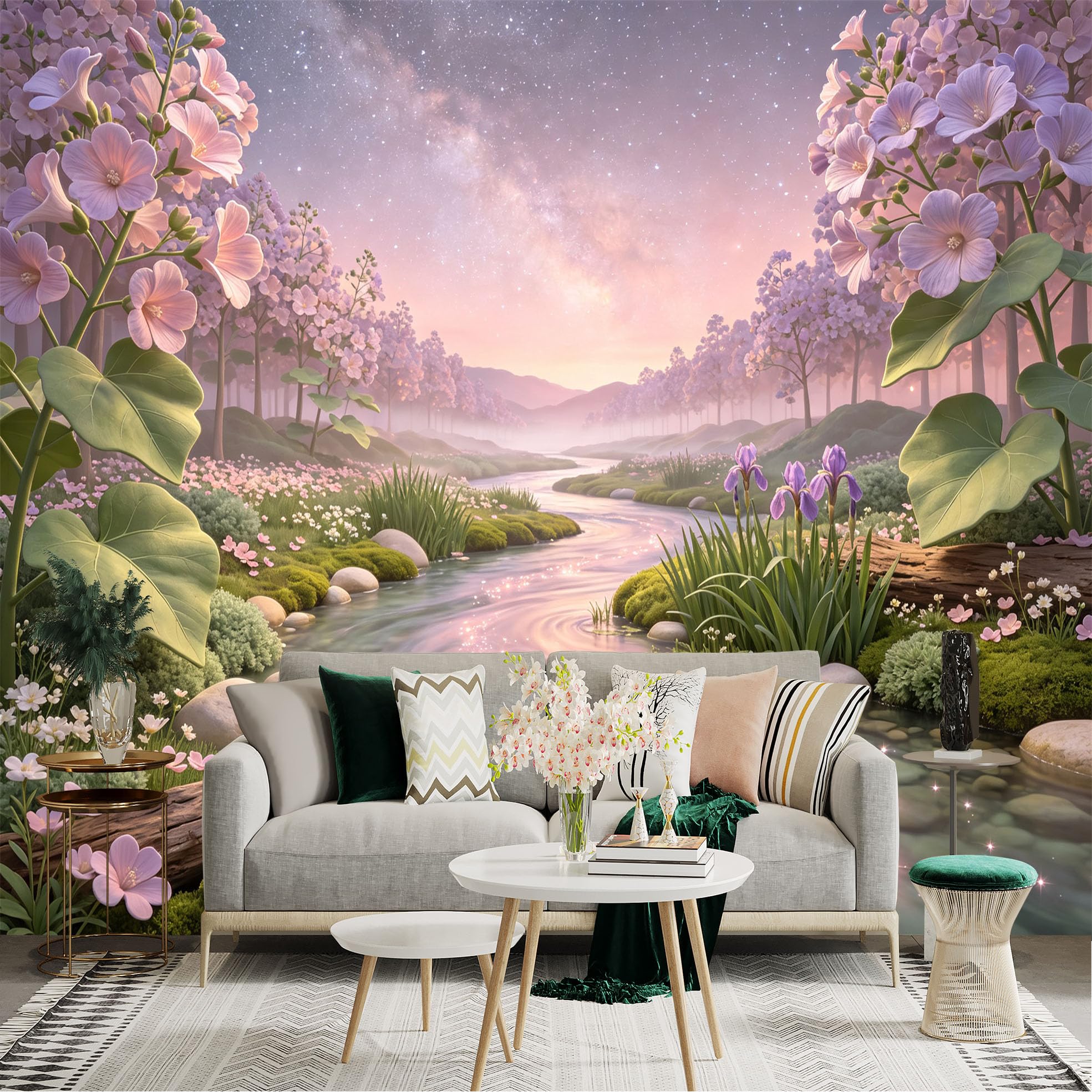 Lnzczhyre Bh260719090 Custom Size Wall Sticker Mural， Dreamy Purple Floral Landscape， Sparkling River， Peaceful Nature Scene， For Wall Decoration， Peelandstick Wall Decals.