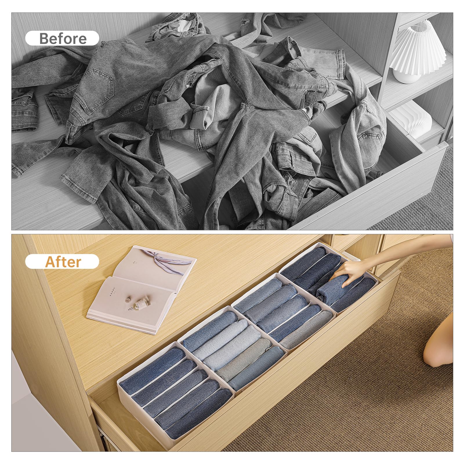 Paquete de 4 organizadores de cajones de jeans para ropa, organizador de ropa con 5 compartimentos de rejilla, organizadores de armario de tela lavable y contenedores de almacenamiento