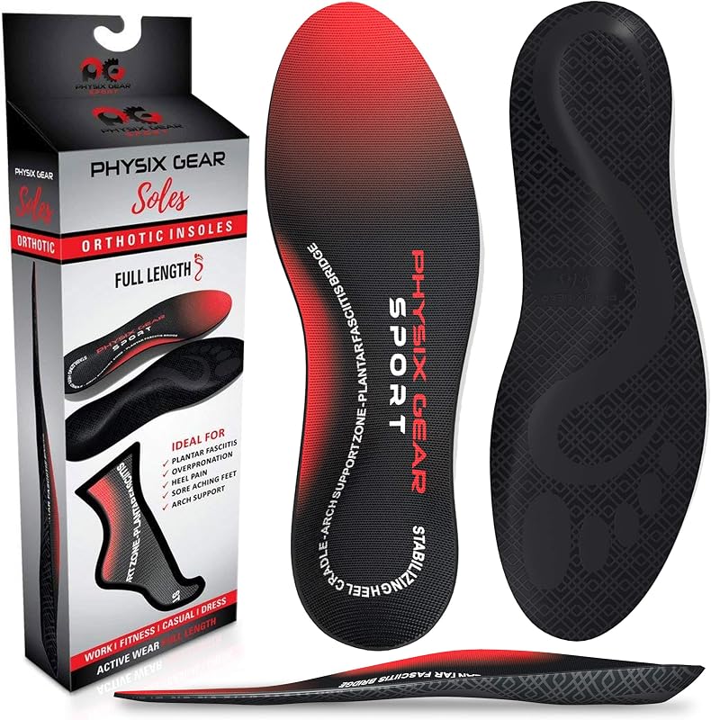 Plantillas ortopédicas Physix Gear para hombres y mujeres - Plantilla ortopédica de soporte para el arco, plantillas ortopédicas, plantillas para hombres y mujeres, plantillas para pies para la comodidad de la fascitis plantar, plantillas para zapatos, pies, rojo/negro, S