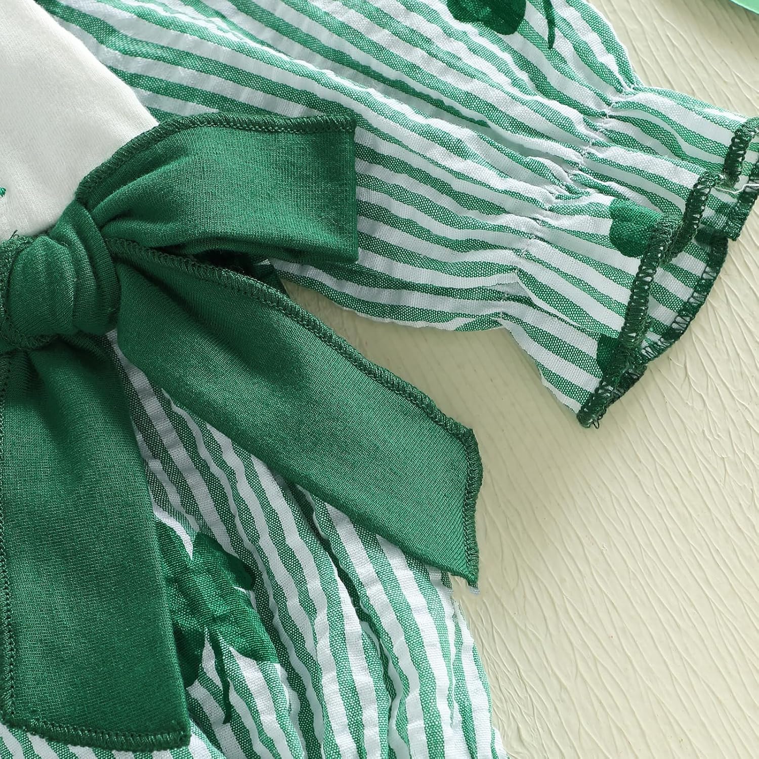 Amiblvowa Baby Girl St Patricks Day Outfit Lucky Charm Shamrock Romper Irish Clover St. Saint Patricks Ruffle Bow Bodysuit - Image 4