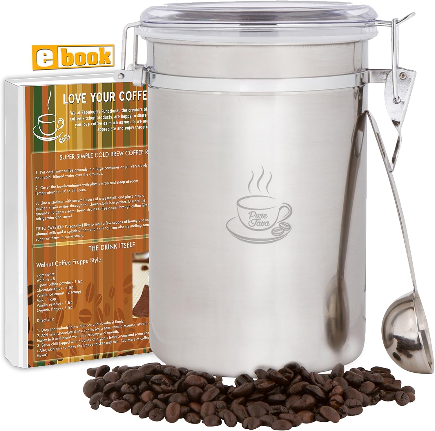 PureJava Coffee Canister Large Coffee Container Bonus Stainless Steel Coffee