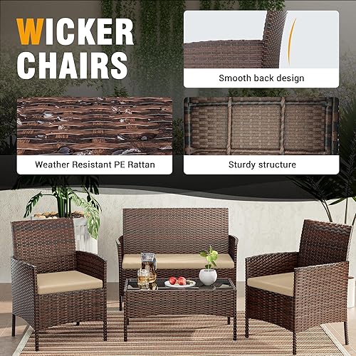 Miniatura 5 de UDPATIO Muebles de patio, 4 piezas, sillas de mimbre para exteriores, juego de conversación de balcón, muebles de porche, sofá biplaza seccional con