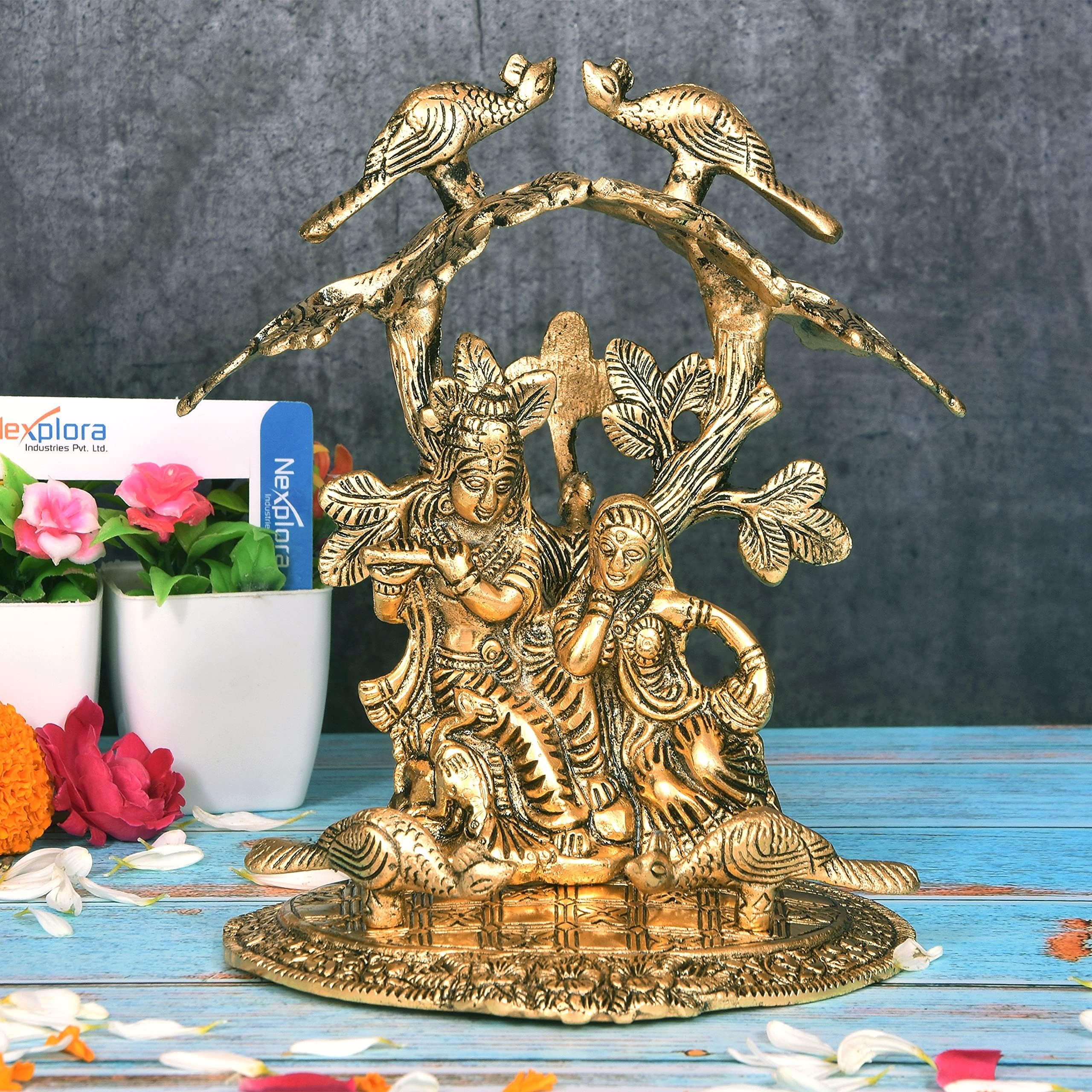 Nexplora Industries Pvt. Ltd. Metal Radha Krishna Idol Showpiece Figurine, Height 19 cm, Gold Antique Finish