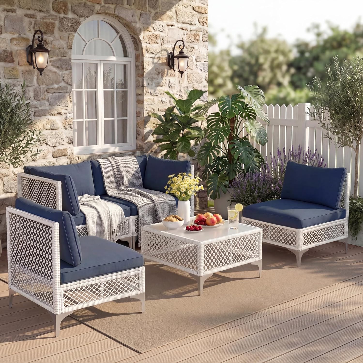 ENSTVER 5-Piece Outdoor Patio Furniture Set, Value Lightweight Boho Outdoor Sectional with Handwoven Wicker & Easy Assembly, Durable Outdoor Sofa for Small Patio, Balcony（Cushion Navy Blue）