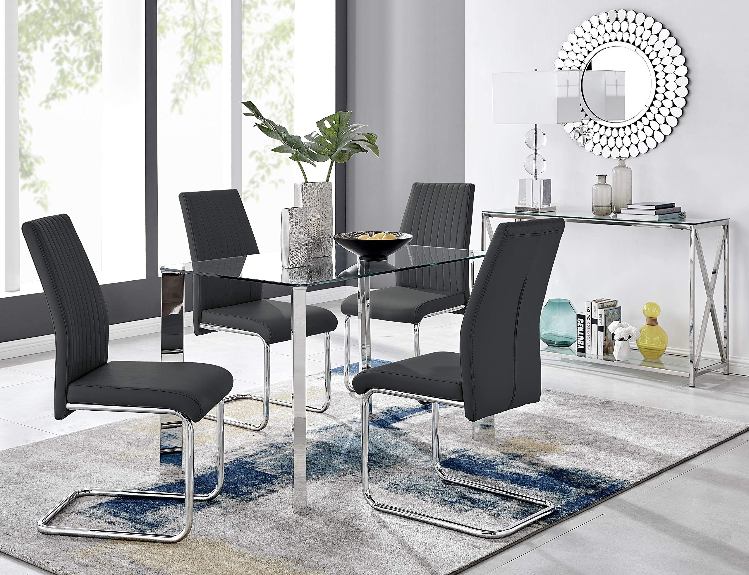 Lucia 4 Clear Glass And Chrome Metal Modern Stylish Dining Table And 4 Stylish Lorenzo Dining Chairs Set (Dining Table + 4 Black Dining Chairs)