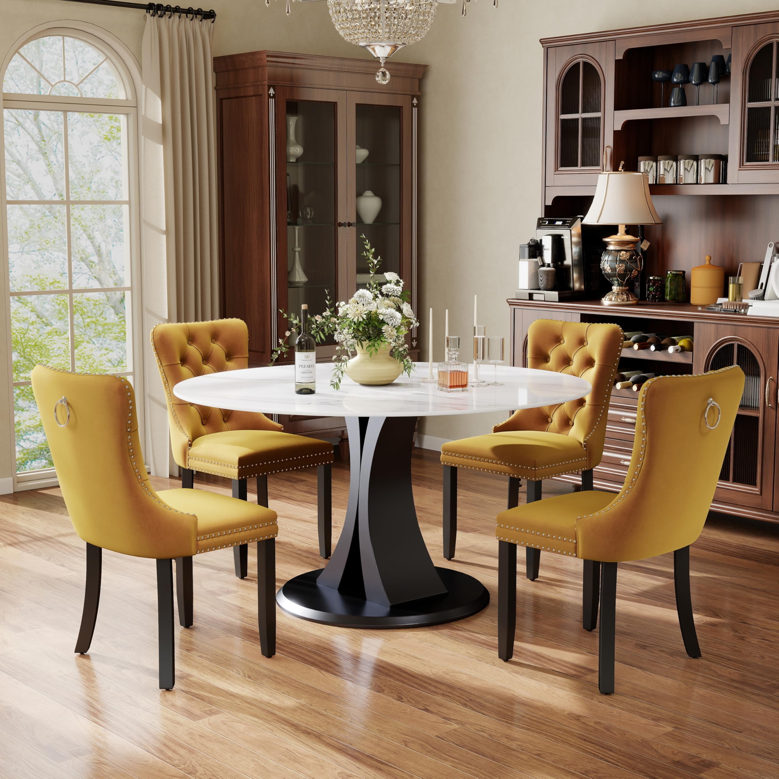 5-Piece Dining Table Set with 47In Faux Marble Table and 4 Velvet Upholstered Chairs, Modern Scandinavian Furniture for Dining Room Kitchen(Yellow)