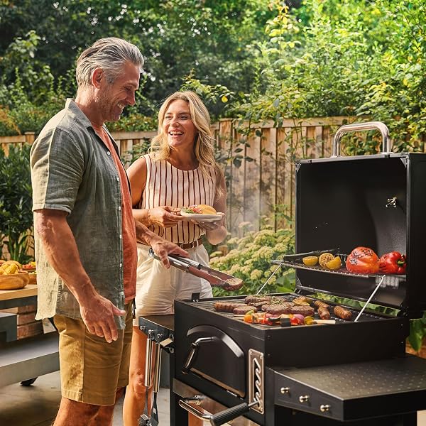 VonHaus Charcoal BBQ – XL Portable Barbecue with Warming Rack, Fold Down Shelves, Temperature Gauge, Wheels, Cooking Grill, Air Vents – 2 in 1 Barbeque and Smoker – Grill Meat, Fish & Vegetables - 2
