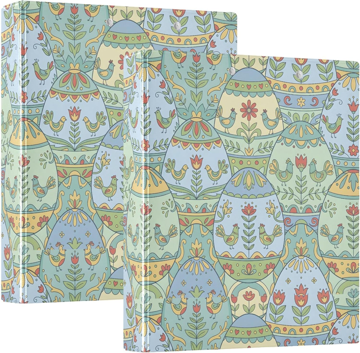 Happy Easter Eggs Design 3 Ring Binders, 1.5” Round Ring Binders with Clipboard - Letter Size, 3 Interior PVC Clear Pockets & Anti-Slip Clip for Office School Supplies, 2PCS