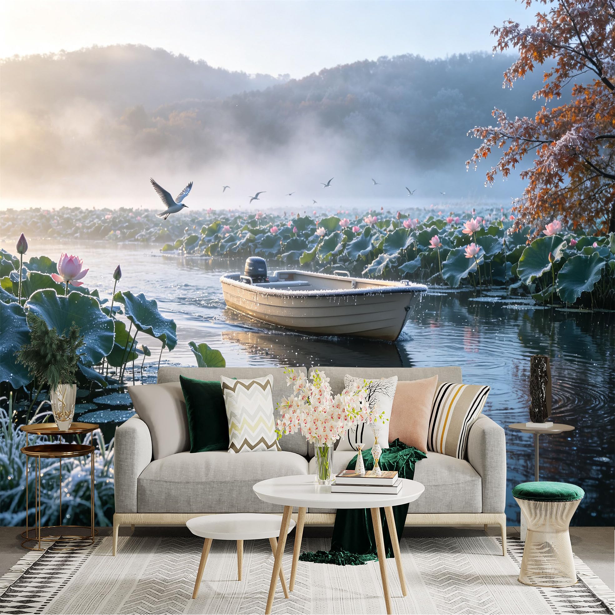 Custom Size Wall Sticker Mural， Morning Lake with Lotus Flowers， Small Boat on Water， Flying Birds in Misty Scenery， for wall Decoration， peelandstick wall Decals.