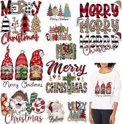 Adhesivos de transferencia de calor de Navidad para planchar para ropa, calcomanías de vinilo de transferencia, lavables, 10 calcomanías de prensa