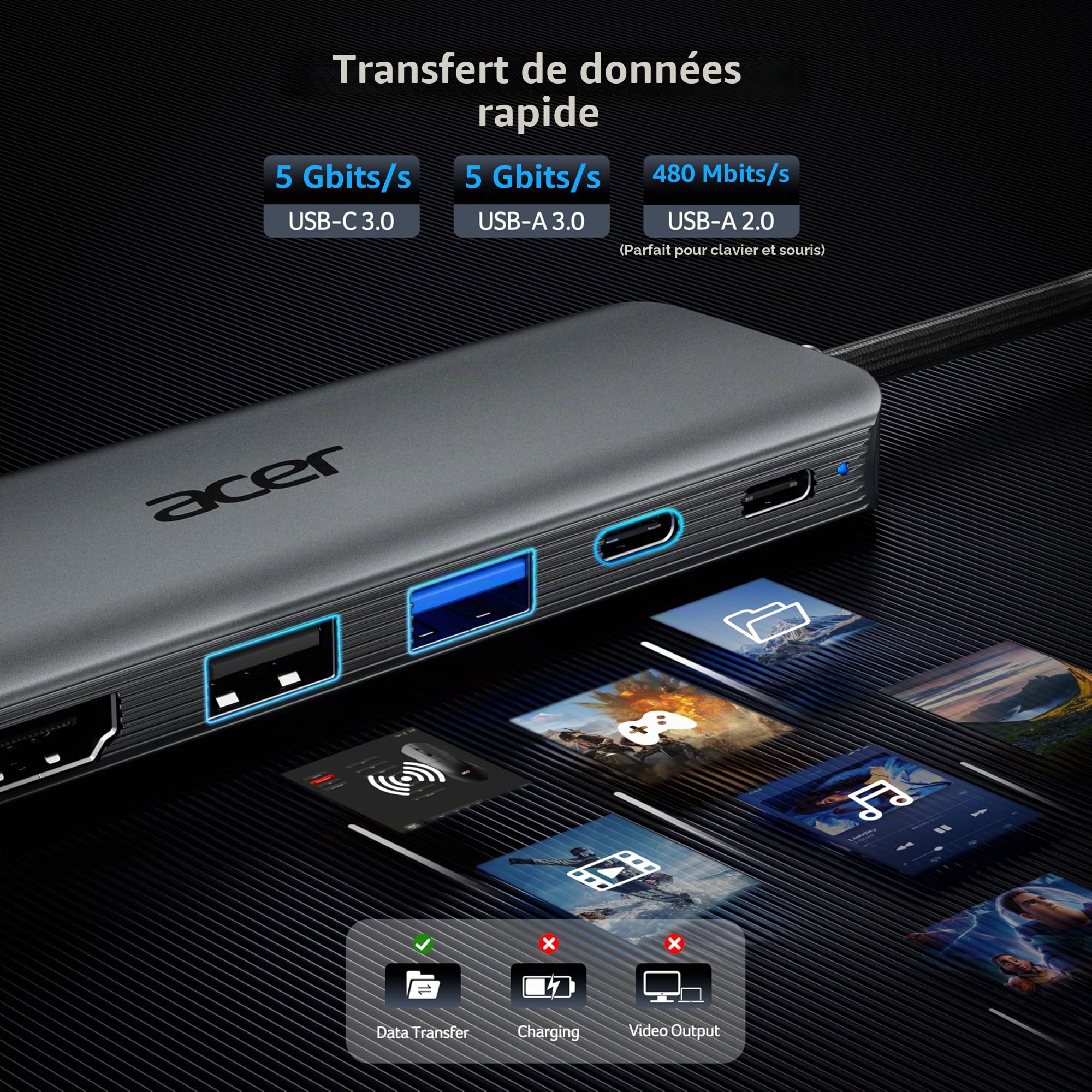 Acer Hub USB C 5 en 1, Adaptateur USB-C vers HDMI 4K@60Hz, USB A/C 5 Gbps, Charge PD 100W, Aluminium+Nylon pour MacBook, iPad Pro/Air