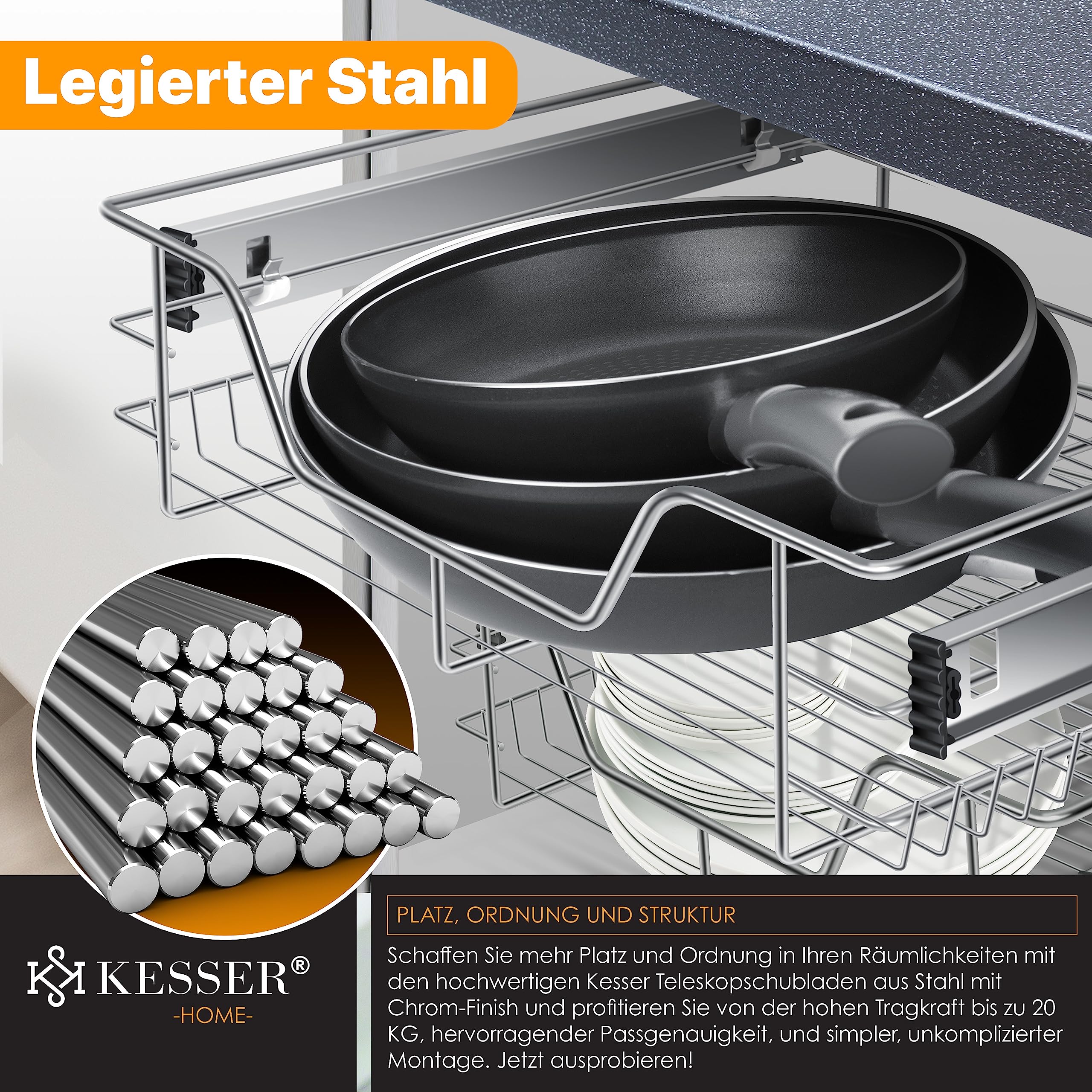 KESSER® Teleskopschublade 3er Set 60cm Schrankbreite verchromt aus Edelstahl Schubladeneinsatz für Küchenschrank Korbauszug Schrankauszug, Silber