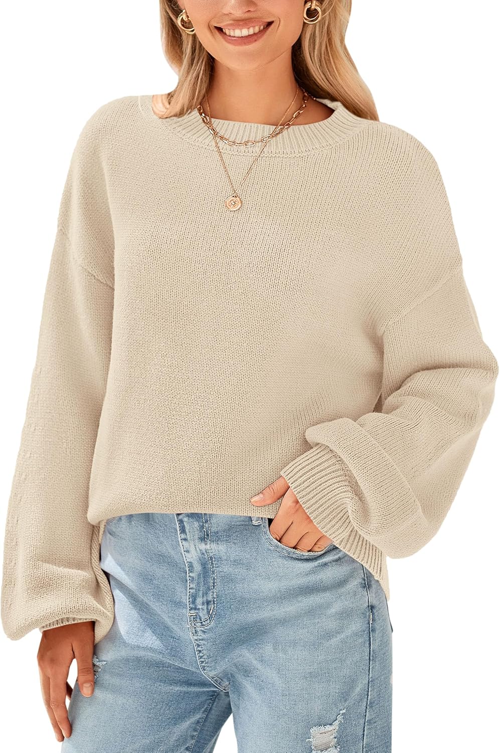 PRETTYGARDEN Women’s 2024 Winter Chunky Knit Sweater Casual Long Lantern Sleeve Crewneck Pullover Jumper Tops
