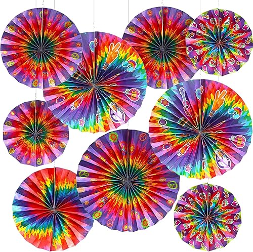 Outus 9 piezas de suministros de fiesta de teñido anudado, diseño hippie, para colgar en el aula, decoración de fiesta de los años 60, letrero de