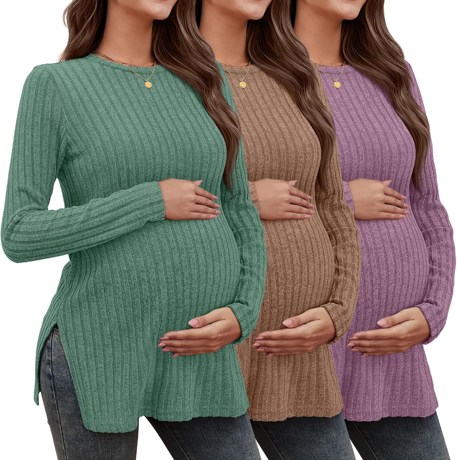 3 Pack Women's Maternity Shirts, Ribbed Long Sleeve Pregnancy Sweaters Knit Split Side Crew Neck Tunic Tees Tops