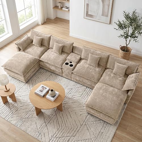 163" Oversized Modular Sectional Sofa U Shaped Cloud Couch Modern 6 Seat Sofa Set for Living Room Comfy Chenille Deep Seat with Storage Central Console, Cup Holders, USB Ports, Movable Ottomans, Camel