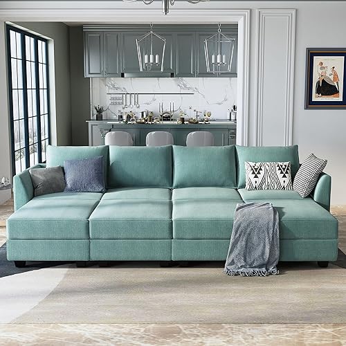 Miniatura 8 de HONBAY Módulo otomano cuadrado para sofá modular seccional, reposapiés otomano de almacenamiento y cubo de asiento, azul aguamarina
